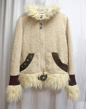 Load image into Gallery viewer, Hell is for Heroes - Tan &amp; Brown Sherpa, Faux Fur &amp; Denim w/ Pattern Sweater Sleeve Inserts &amp; Flower Zipper Pull Jacket- Size M