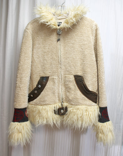 Hell is for Heroes - Tan & Brown Sherpa, Faux Fur & Denim w/ Pattern Sweater Sleeve Inserts & Flower Zipper Pull Jacket- Size M