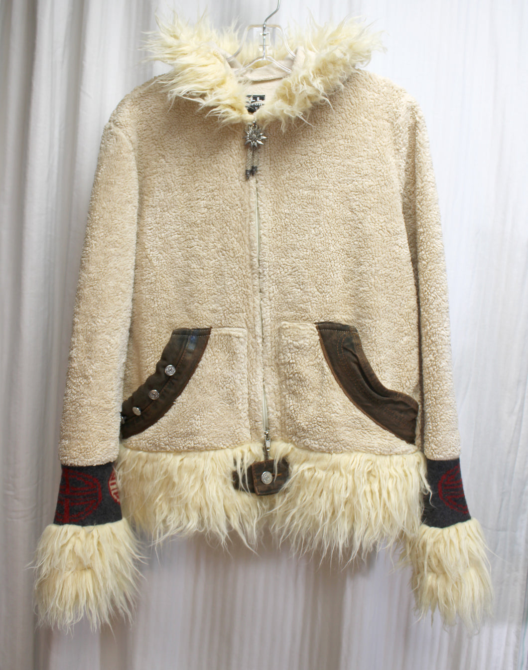 Hell is for Heroes - Tan & Brown Sherpa, Faux Fur & Denim w/ Pattern Sweater Sleeve Inserts & Flower Zipper Pull Jacket- Size M