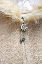 Load image into Gallery viewer, Hell is for Heroes - Tan &amp; Brown Sherpa, Faux Fur &amp; Denim w/ Pattern Sweater Sleeve Inserts &amp; Flower Zipper Pull Jacket- Size M