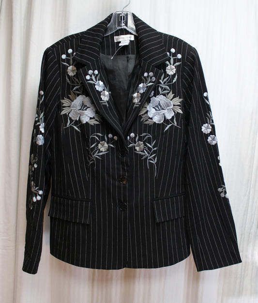 Newport News - Black Pinstripe w/ Blue, Gray Floral Embroidery 3 Button Blazer - Size 10