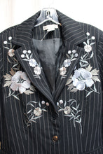 Load image into Gallery viewer, Newport News - Black Pinstripe w/ Blue, Gray Floral Embroidery 3 Button Blazer - Size 10