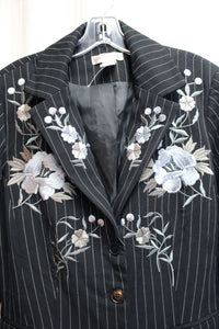 Newport News - Black Pinstripe w/ Blue, Gray Floral Embroidery 3 Button Blazer - Size 10