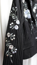 Load image into Gallery viewer, Newport News - Black Pinstripe w/ Blue, Gray Floral Embroidery 3 Button Blazer - Size 10