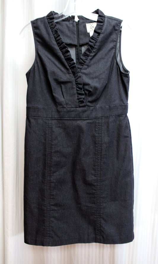 Vintage - Ice - Black Sleeveless, Crossover Ruffle V-Neckline Denim Short Dress - Size 8