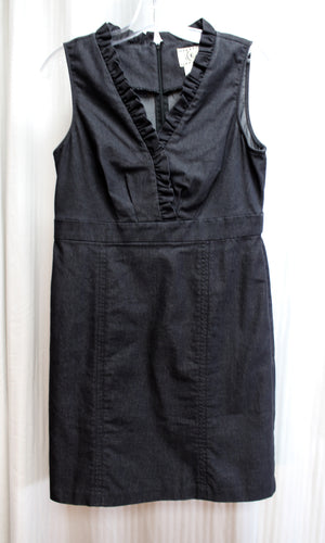 Vintage - Ice - Black Sleeveless, Crossover Ruffle V-Neckline Denim Short Dress - Size 8