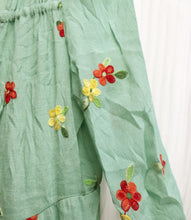 Load image into Gallery viewer, Fig and Flower - Green 3/4th Sleeve Tiered Flowy Dress w/ Floral Embroidery - Size M