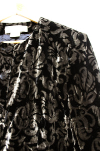Jones New York - Black & Dark Taupe Brown Filigree Print Silk Blend Velvet Collarless Jacket - See Measurements (18" Shoulders)