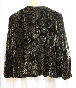 Jones New York - Black & Dark Taupe Brown Filigree Print Silk Blend Velvet Collarless Jacket - See Measurements (18" Shoulders)