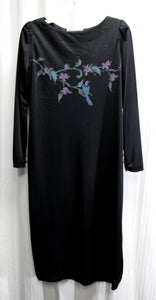 Vintage- California Visionz - Black Long Sleeve Sheath Slinky Dress w/ Bird & Floral Print on Chest - See Measurements 14"' Shoulders