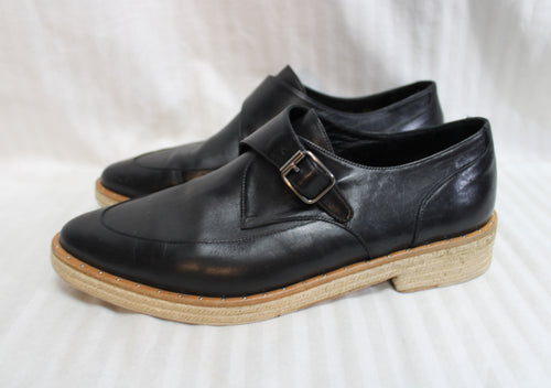 Freda Salvador - Black Monk Strap Pointed Toe Black Leather Espadrille Loafers - Size 9.5