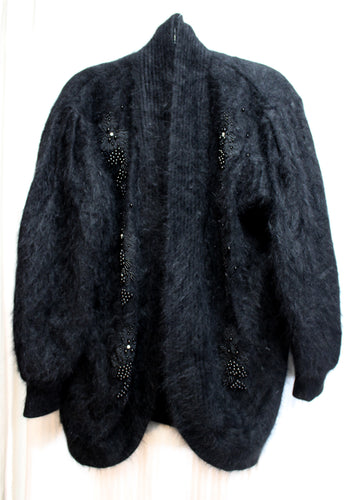 Vintage - Eddie Dassin - Fuzzy Black Beaded Angora, Wool & Synthetic Blend Cardigan Sweater - Size M