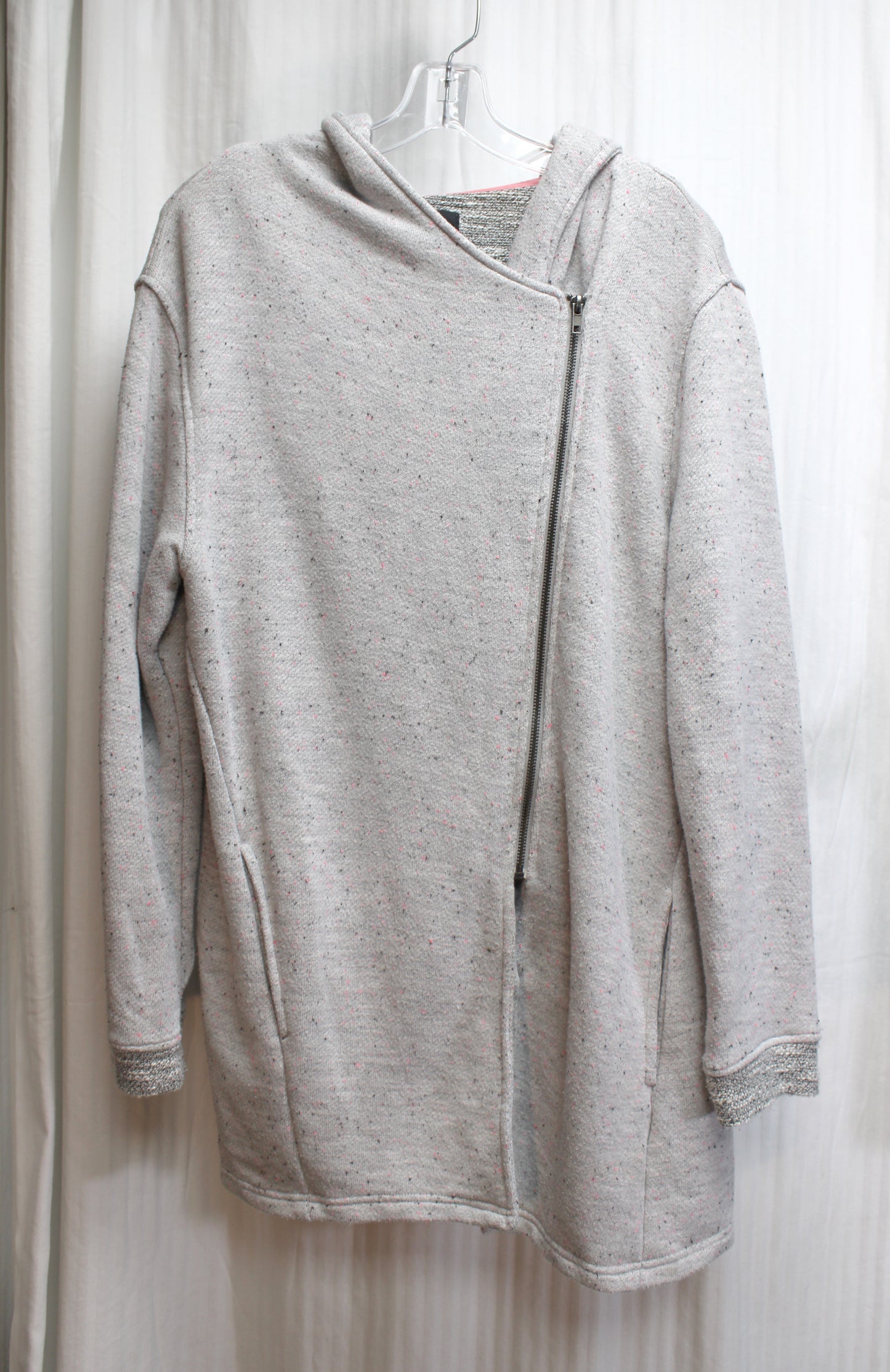 Kut from the Kloth- Gray w/ Black & Pink Fleck, Tunic Length Zip Up Hoodie w/ Knit Lining - Size L