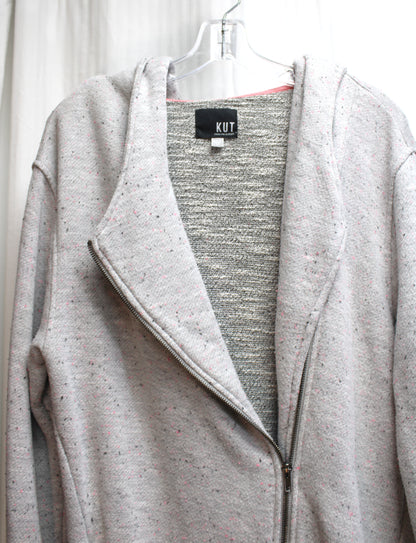 Kut from the Kloth- Gray w/ Black & Pink Fleck, Tunic Length Zip Up Hoodie w/ Knit Lining - Size L