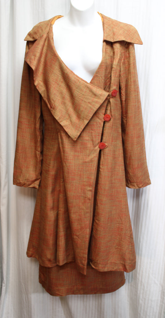 Vintage -  2 PC, 2 Color Orange & Tan Weave Unique Collar Duster Jacket w/ Matching Maxi Skirt - See Measurements 31" Waist