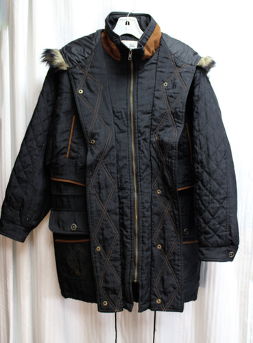 Vintage- Julia Michaels - Black w/ Brown Stitching & Faux Fur Trim on Hood, Nylon Coat - Size M