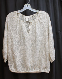 Chico's - Cream 3/4th Sleeve Filagree Burnout Lace w/ Delicate Gold Threads Peasant Top - Size 0 (Small)