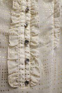 Vintage - Cream Semi Sheer w/ Metallic Gold Polkadot Sleeveless w/ Delicate Ruffles & Faceted Rhinestone Buttons Blouse - Size S/M (approx)