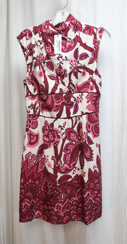 Karen Miller - White, Pink & Burgundy Floral/Branch Paisley Keyhole Back Sleeveless Dress - Size 6