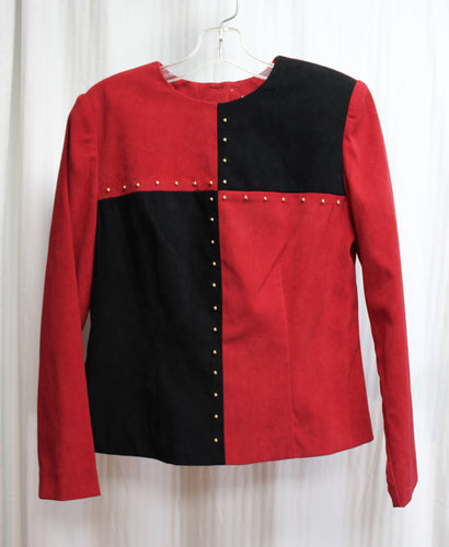 Vintage - Jessica Howard - Velveteen Red & Black Opposite Color Block, Button Up Back Top w/ Gold Round Studding Detail  - Size 8