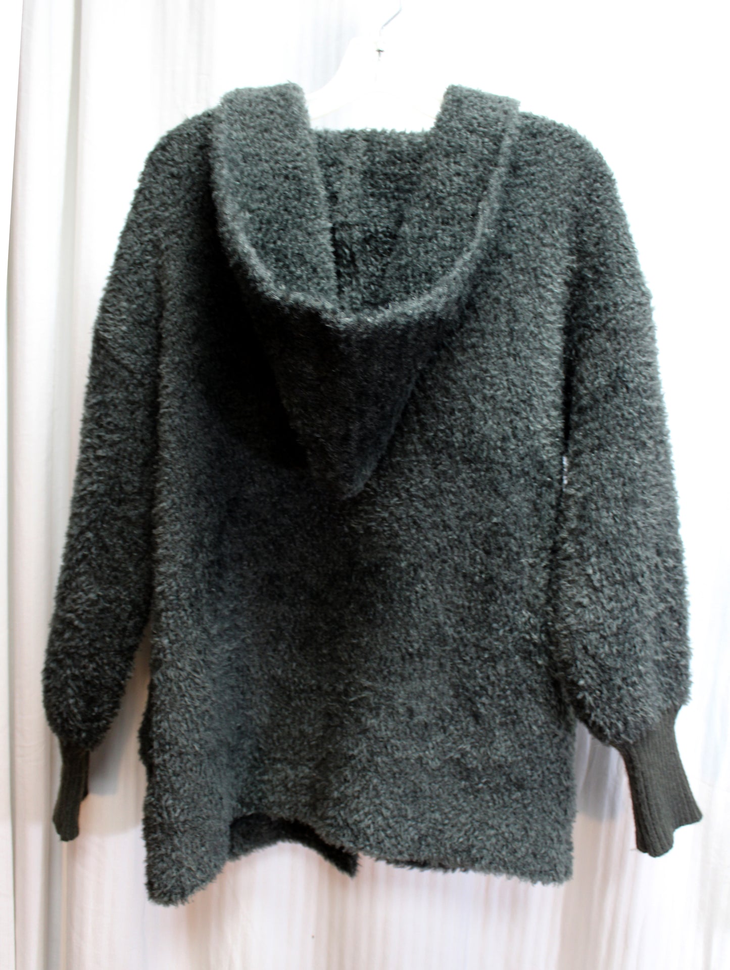 Pink Martini - Gray Cozy Deep Hooded Bishop Sleeves Fuzzy Cardigan Sweater - Size S