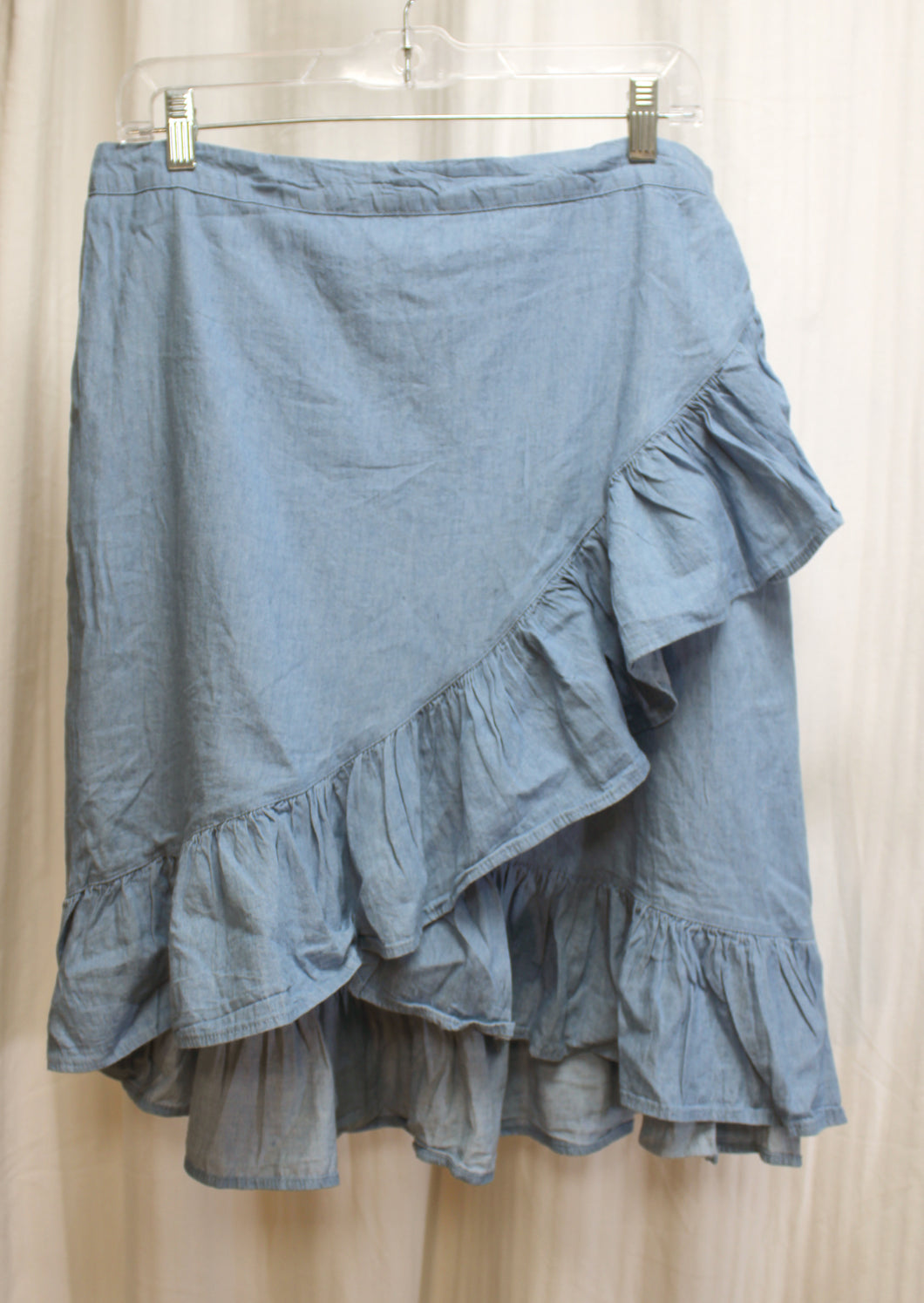 Metrowear - Blue Chambray Faux Wrap Ruffle Midi Skirt - Size L 9w/ TAGS)