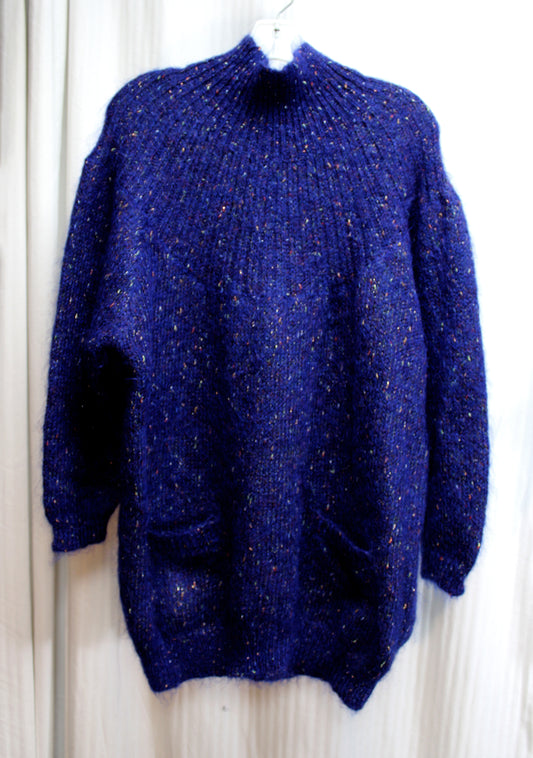 Vintage - Paul Et Duffier - Mohair Blend Oversized Cobalt Blue w/ Variegated Multicolor Metallic Fleck  Funnel Neck Pullover Tunic Sweater w/ Front Pockets - Size M