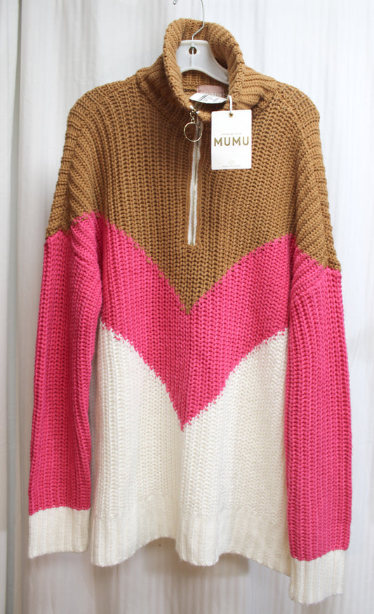 Show Me Your Mumu - Brown, Pink & White, Half Zip Oversized Tunic Sweater - Size M (w/ Tags)