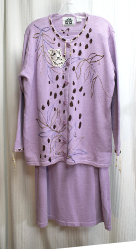 Storybook Knits - 2PC Lavender Leopard Spot & Leaf Embroidery w/ Sequined Leopard Cardigan & Leaf Buttons & Matching Maxi Skirt - Size 1X
