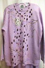 Load image into Gallery viewer, Storybook Knits - 2PC Lavender Leopard Spot &amp; Leaf Embroidery w/ Sequined Leopard Cardigan &amp; Leaf Buttons &amp; Matching Maxi Skirt - Size 1X