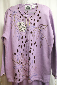 Storybook Knits - 2PC Lavender Leopard Spot & Leaf Embroidery w/ Sequined Leopard Cardigan & Leaf Buttons & Matching Maxi Skirt - Size 1X