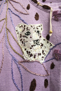 Storybook Knits - 2PC Lavender Leopard Spot & Leaf Embroidery w/ Sequined Leopard Cardigan & Leaf Buttons & Matching Maxi Skirt - Size 1X