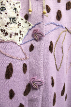 Load image into Gallery viewer, Storybook Knits - 2PC Lavender Leopard Spot &amp; Leaf Embroidery w/ Sequined Leopard Cardigan &amp; Leaf Buttons &amp; Matching Maxi Skirt - Size 1X