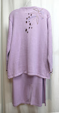 Load image into Gallery viewer, Storybook Knits - 2PC Lavender Leopard Spot &amp; Leaf Embroidery w/ Sequined Leopard Cardigan &amp; Leaf Buttons &amp; Matching Maxi Skirt - Size 1X