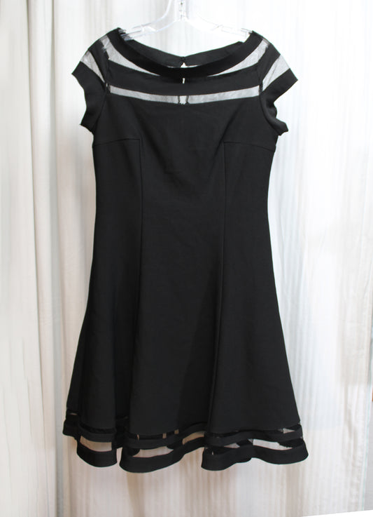 Lauren, Ralph Lauren - Black "Essentials" Mesh Stripe Illusion, Wide Neckline, Fit & Flare Short Dress - Size 8 (w/ Tag)