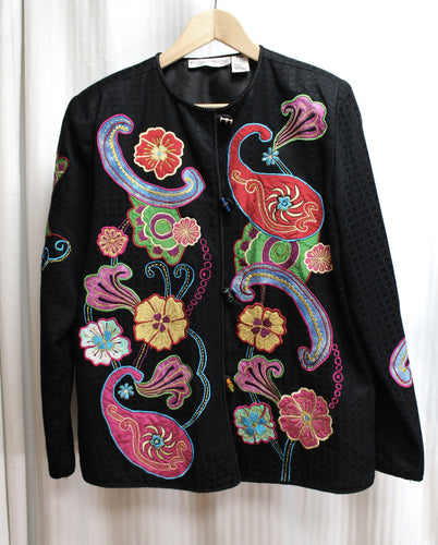 Drapers & Damons - Black w/ Colorful Embroidered Applique Jacket w/ Unique Glass Bead Buttons - Size PETITE M