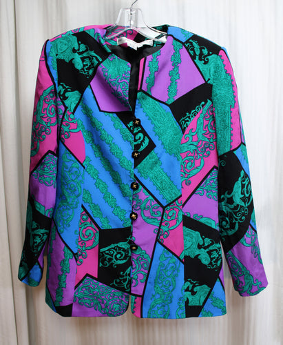 Vintage - Anne Crimmins of Umi Collections - 100% Silk Colorful Filigree Scroll Paisley Jacket - Size 10