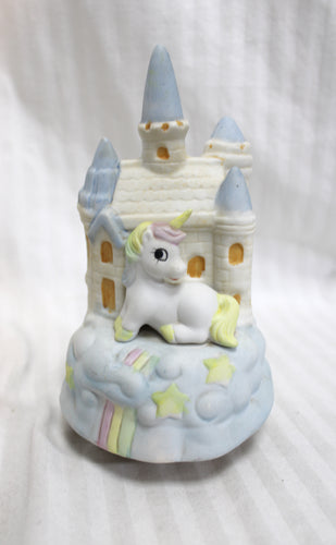 Vintage - Musical Spinning Ceramic Rainbow Castle w/ Unicorn 7.25
