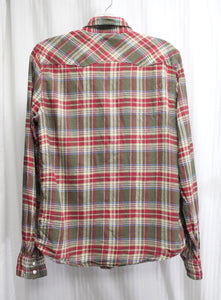 levi's - Khaki Green & Red Plaid Flannel "Modern Fit" Western Cut Snap Front Shirt - Size S