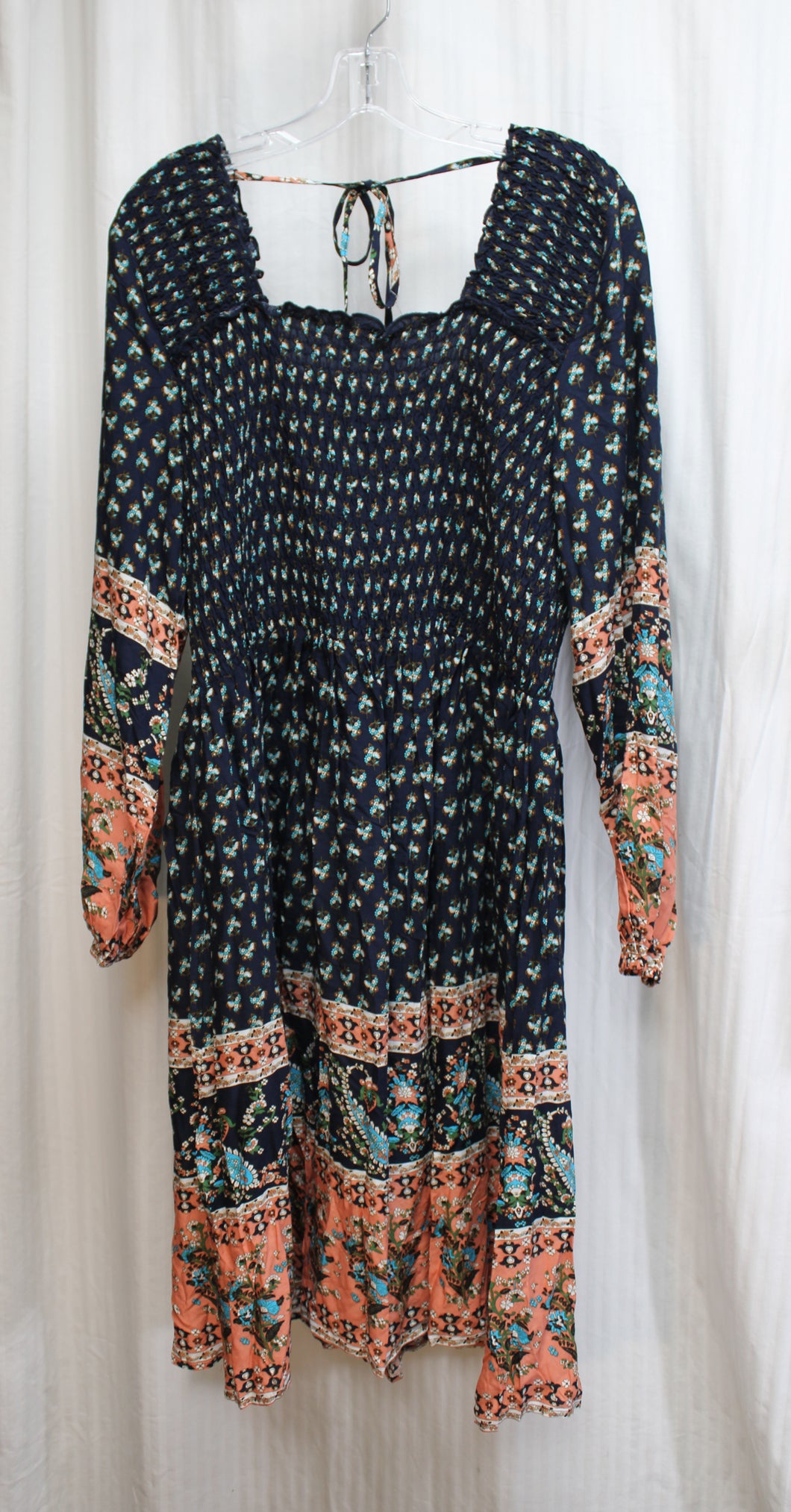 Pyramid Collection - Long Sleeve Navy Floral Flowy Peasant Dress  - Size XL