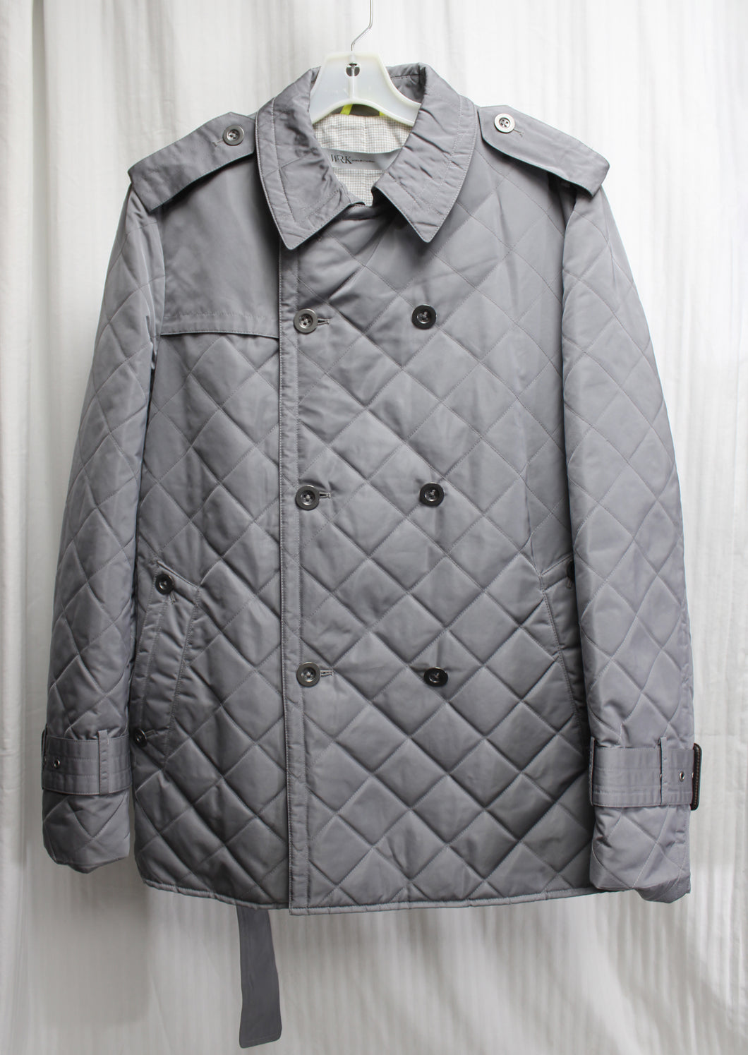 Men's - W.R.K. Work Rest Karma - Gray Quilted Double Breasted Belted Coat - Size L