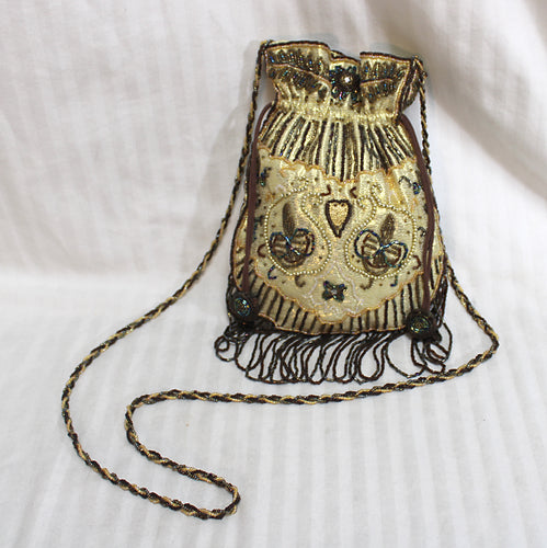 Vintage - Metallic Gold w/ Embroidery & Beading Drawstring Bag w/ Beaded Strap
