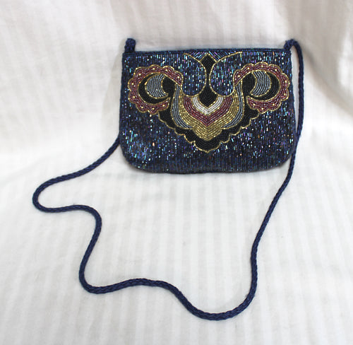 Vintage - Navy/Purple Iridescent & Multi Color Beaded Bag w/ Braided Strap