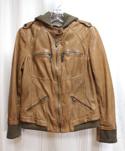 Bernardo Leather - Brown leather w/ Unique Stitching Jacket w/ Removeable Cotton Knit Hood & Ribbing - Size Petite M