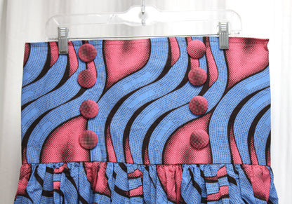 Handmade - Blue, Pink & black Graphic Print VERY High & Wide Waisted Tribal Full Maxi Skirt - 35" Waist