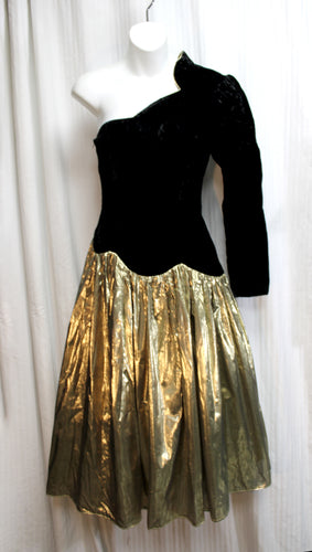 Vintage 1980's - One Sleeve, Black Velvet Unique Neckline Bodice & Gold Metallic Asymmetric Skirt - Cocktail Dress - See Measurements 26