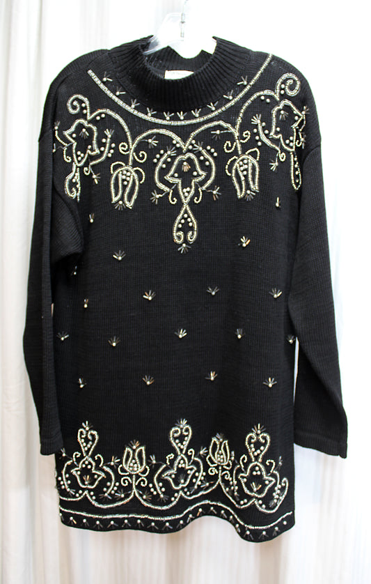 Vintage - Black w/ Silver Ornate Beading, Funnel Neck Pullover Tunic Length Sweater - Size M