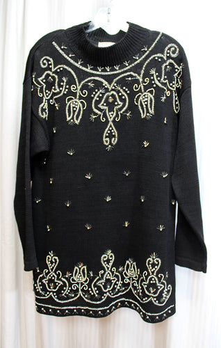 Vintage - Black w/ Silver Ornate Beading, Funnel Neck Pullover Tunic Length Sweater - Size M