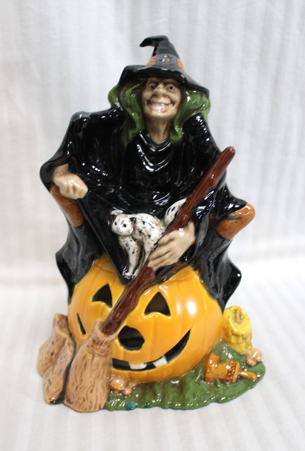 Vintage 1970's Byron Molds - Hand Painted Ceramic Halloween Witch Sitting On Pumpkin w/ Cat & Broom - 10