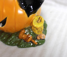 Load image into Gallery viewer, Vintage 1970&#39;s Byron Molds - Hand Painted Ceramic Halloween Witch Sitting On Pumpkin w/ Cat &amp; Broom - 10&quot;H
